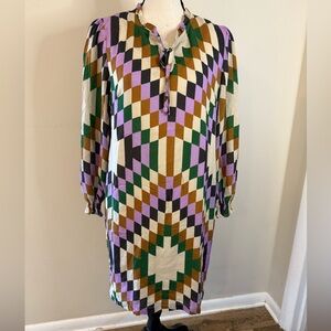 Vilagallo chic vibrant midi dress checkered diamond pattern ruffles cuff SZ 8